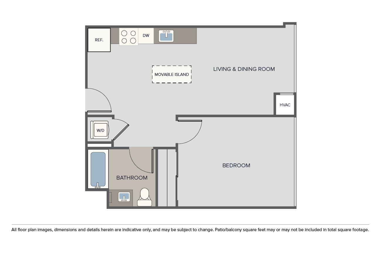 Floor plan for 1 bed, 1 bath, 648 sqft